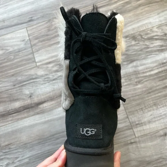 Ugg Boots Patchwork fluff white beige black shoe 10 shearling - Picture 7 of 13